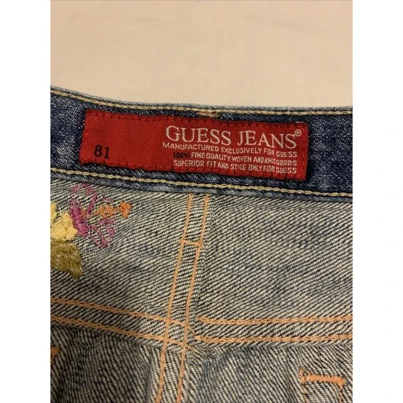 Guess Y2K Mini Denim Skirt Jean Embroidered Sz 31  Fairycore Whimsi Boho Festiva - Picture 11 of 16